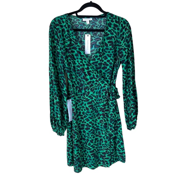 BNWT Topshop Animal Leopard Print Wrap Dress Green Size 4 - Picture 3 of 6